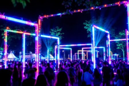 Een levendige outdoor scène met LED-frames.