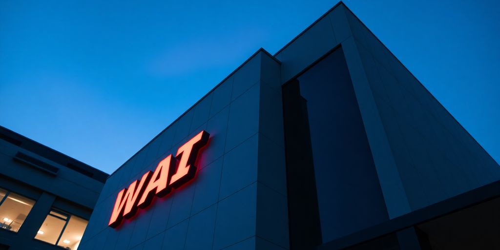 Gebouw met verlichte, opvallende belettering aan de gevel.