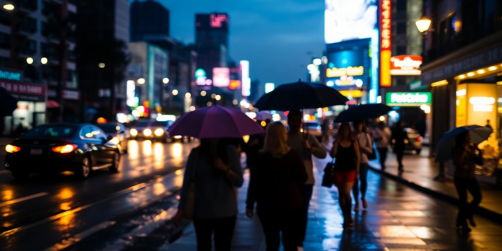 Levendige stadsstraat met kleurrijke lichten en beweging